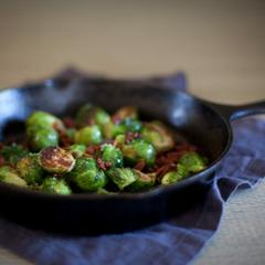 Brussel Sprouts with Creamy Peppercorn Whisky sauce & Bacon Bits