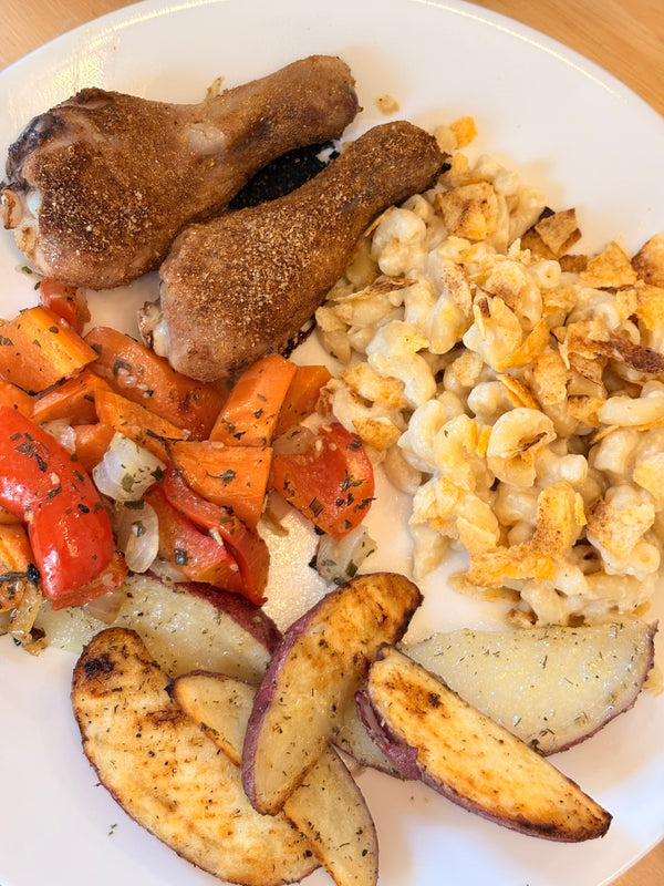 Sheet Pan Chicken Drumsticks with Kickin Chicken Seasoning and Veggie Fusion